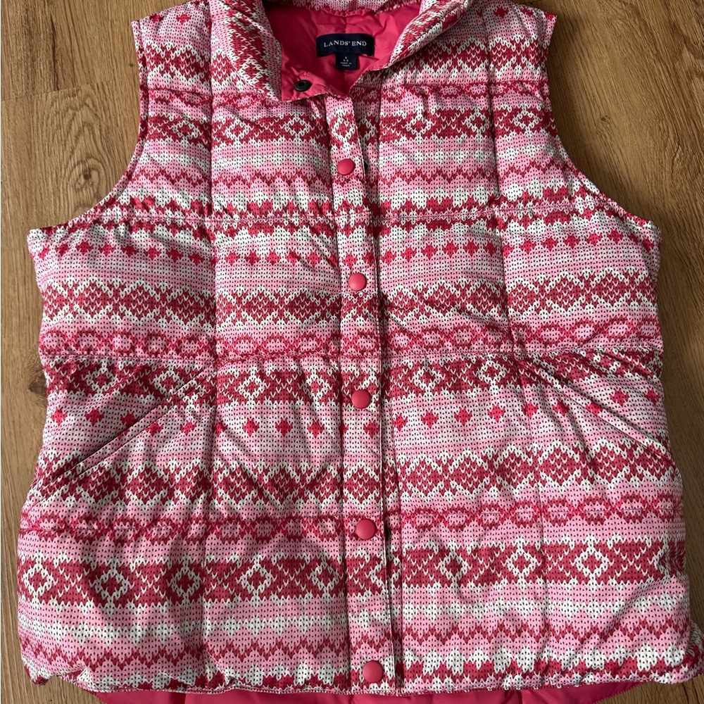 Lands' End Pink Geometric Nordic fair isle puffer Vest